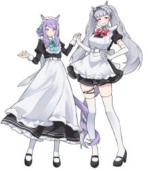 Rule 34 | 2girls, absurdres, alternate costume, alternate hairstyle, animal ears, apron, black dress, black footwear, blunt bangs, blush, bow, bowtie, dress, enmaided, frilled apron, frills, full body, gold ship (umamusume), green bow, green bowtie, grey hair, hair bun, highres, holding hands, horse ears, horse girl, long hair, looking at viewer, maid, maid apron, maid headdress, mary janes, mejiro mcqueen (umamusume), multiple girls, puffy short sleeves, puffy sleeves, purple eyes, purple hair, red bow, red bowtie, red eyes, shoes, short sleeves, simple background, smile, swept bangs, thigh strap, thighhighs, twintails, umamusume, unneul, waist apron, white apron, white background, white thighhighs