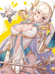 Rule 34 | 1girl, :q, bird, blonde hair, blue choker, blue hair, blue ribbon, breasts, bridal gauntlets, choker, clothing cutout, crescent, dress, earrings, gold trim, gradient hair, hair ribbon, halo, highres, hikanari hina, holding, holding staff, jewelry, large breasts, lidzi, long hair, multicolored hair, multiple bracelets, navel, one eye closed, phase connect, pointy ears, ribbon, short dress, solo, sparkling eyes, staff, star (symbol), stomach cutout, thigh strap, tongue, tongue out, virtual youtuber, white dress, wing hair ornament