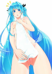 Rule 34 | 1girl, aqua eyes, aqua hair, bad id, bad pixiv id, blush, breasts, colored eyelashes, covering privates, from below, hand on own chest, hatsune miku, long hair, naked towel, nipples, nude, nude cover, open mouth, pussy, simple background, small breasts, solo, standing, tani (aki2672), towel, twintails, uncensored, very long hair, vocaloid, white background, white towel