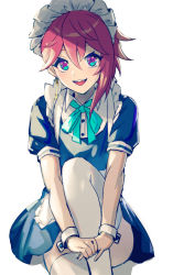 Rule 34 | 1girl, alternate costume, apron, aqua ribbon, asymmetrical hair, blue dress, blush, buttons, dress, earrings, enmaided, fangs, female focus, flat chest, frilled apron, frills, happy, indie virtual youtuber, jewelry, knee up, light blush, looking at viewer, maid, maid apron, maid headdress, neck ribbon, okrihto tirto, okrihto tirto channel, open mouth, own hands together, pink eyes, puffy short sleeves, puffy sleeves, red hair, ribbon, short hair, short sleeves, simple background, single earring, sitting, smile, solo, thighhighs, v arms, virtual youtuber, white apron, white background, white thighhighs, wrist cuffs, yoruhachi