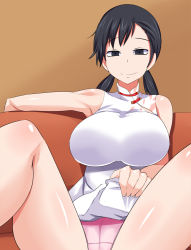 Rule 34 | 10s, 1girl, bare shoulders, black eyes, black hair, breasts, china dress, chinese clothes, couch, devil survivor, devil survivor 2, dress, highres, huge breasts, kanno fumi, legs, long hair, ourakutei, panties, pink panties, simple background, sitting, smile, solo, spread legs, thighs, twintails, underwear