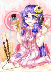 Rule 34 | 1girl, :p, bespectacled, blush stickers, crescent, crescent hair ornament, female focus, glasses, hair ornament, hair ribbon, headphones, ice cream cone, kneeling, long hair, no nose, patchouli knowledge, purple eyes, purple hair, ribbon, smile, solo, tongue, tongue out, touhou, tsuyusatomazaru