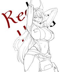 Rule 34 | 1girl, :d, absurdres, arms behind head, breasts, chaps, character name, cleavage, crop top, cropped jacket, geabull, goddess of victory: nikke, greyscale, hair between eyes, headgear, highres, horns, large breasts, lineart, long hair, mechanical horns, midriff, monochrome, navel, open mouth, red hood (nikke), scarf, simple background, skindentation, smile, solo, very long hair, white background