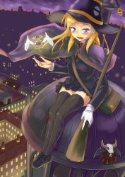 Rule 34 | 1girl, bad id, bad pixiv id, black thighhighs, blonde hair, blue eyes, blush, broom, building, cape, hat, holding, long hair, looking at viewer, necktie, open mouth, original, sitting, skirt, solo, thighhighs, witch hat, yasojima nejiro