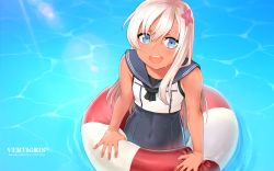 Rule 34 | 1girl, bad id, bad pixiv id, bare arms, blouse, blue eyes, blush, commentary, crop top, english commentary, flower, hair flower, hair ornament, highres, innertube, kantai collection, lifebuoy, long hair, looking at viewer, one-piece swimsuit, one-piece tan, open mouth, outdoors, ro-500 (kancolle), sailor collar, school swimsuit, school uniform, serafuku, shirt, smile, solo, swim ring, swimsuit, swimsuit under clothes, tan, tanline, vertigris, water, wet, white hair, white shirt