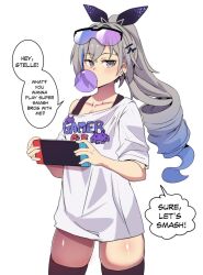 Rule 34 | 1girl, absurdres, alternate costume, black thighhighs, blowing bubbles, commentary, cowboy shot, drill hair, eyewear on head, gradient hair, grey eyes, grey hair, handheld game console, highres, hinghoi, holding, holding handheld game console, honkai: star rail, honkai (series), long hair, looking at viewer, multicolored hair, nintendo switch, off-shoulder shirt, off shoulder, shirt, silver wolf (honkai: star rail), simple background, single bare shoulder, solo, standing, sunglasses, thighhighs, thighs, very long hair, white background, white shirt