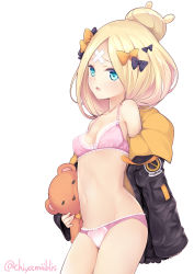 Rule 34 | 1girl, abigail williams (fate), abigail williams (traveling outfit) (fate), bad id, bad pixiv id, black bow, black jacket, blonde hair, blue eyes, bow, bow bra, bow panties, bra, chiyami, commentary request, cowboy shot, crossed bandaids, fate/grand order, fate (series), hair bow, hair bun, heroic spirit traveling outfit, jacket, long hair, long sleeves, hugging object, official alternate costume, open clothes, open jacket, orange bow, panties, parted bangs, pink bra, pink panties, polka dot, polka dot bow, simple background, single hair bun, sleeves past fingers, sleeves past wrists, solo, stuffed animal, stuffed toy, teddy bear, underwear, white background
