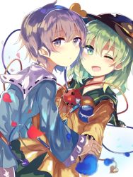 Rule 34 | 2girls, black hat, blouse, blue flower, blue rose, blue skirt, blurry, blush, breasts, depth of field, expressionless, flower, frilled shirt collar, frilled sleeves, frills, green eyes, green hair, green skirt, hair between eyes, hat, holding hands, komeiji koishi, komeiji satori, long hair, long sleeves, multiple girls, one eye closed, petals, pink hair, pink skirt, purple eyes, purple hair, red flower, red rose, ribbon-trimmed collar, ribbon trim, rose, rose petals, shirt, short hair, siblings, simple background, sisters, skirt, small breasts, smile, texture, third eye, to-den (v-rinmiku), touhou, white background, yellow shirt