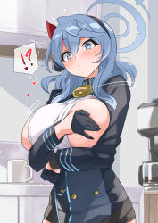 Rule 34 | !, 1girl, ?, ako (blue archive), bell, black gloves, black hairband, blue archive, blue eyes, blue hair, blush, breasts, coffee mug, covering privates, covering breasts, cowbell, cup, gloves, hair ribbon, hairband, halo, heart, highres, large breasts, long hair, looking at viewer, mug, red ribbon, ribbon, sideboob, solo, spoken exclamation mark, spoken question mark, yuuichi (reductionblack)