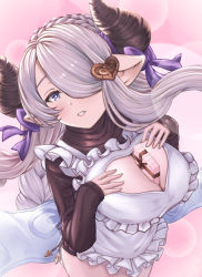 Rule 34 | 1girl, apron, between breasts, blue eyes, box, box of chocolates, braid, breasts, chocolate, cleavage, cleavage cutout, clothing cutout, draph, granblue fantasy, hair over one eye, hands on own chest, heart, heart-shaped pupils, heart cutout, highres, horns, large breasts, light purple hair, long hair, looking at viewer, low tied hair, narmaya (granblue fantasy), narmaya (valentine) (granblue fantasy), object on breast, pink background, pointy ears, purple hair, single braid, solo, symbol-shaped pupils, teriton, valentine