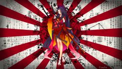 Rule 34 | 1girl, bamboo, bandages, black hair, fish, full body, hair ornament, highres, japanese clothes, katana, long hair, red eyes, redjuice, sandals, simple background, standing, sword, two-tone background, very long hair, wallpaper, weapon, wide sleeves