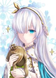 Rule 34 | 1girl, anastasia (fate), blue cloak, blue eyes, brown hair, cloak, closed mouth, commentary request, crown, doll, dress, fate/grand order, fate (series), hair ornament, hair over one eye, hairband, highres, holding, holding doll, jewelry, long hair, long sleeves, looking at viewer, mini crown, pendant, royal robe, smile, solo, star (symbol), upper body, very long hair, viy (fate), white background, white hair, yellow hairband, yuka17