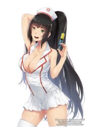 Rule 34 | 1girl, absurdres, akali, akali (legacy), alternate breast size, arm up, armpit peek, bare shoulders, black hair, breasts, cleavage, collarbone, commentary, cowboy shot, dannex009, dress, english commentary, green eyes, hat, high ponytail, highres, holding, holding syringe, large breasts, league of legends, long hair, looking at viewer, nurse, nurse akali, nurse cap, open mouth, patreon username, ponytail, sleeveless, sleeveless dress, solo, syringe, thighhighs, very long hair, watermark, web address, white thighhighs, zettai ryouiki