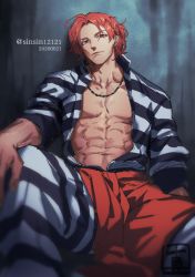 Rule 34 | 1boy, abs, against wall, closed mouth, dated, luchino gregoretti, lucky dog 1, male focus, muscular, open clothes, open shirt, prison clothes, red eyes, red hair, signature, sinsin12121, sitting, solo, striped, twitter username