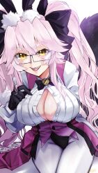 Rule 34 | 1girl, absurdres, animal ear fluff, animal ears, black bow, black gloves, bow, breasts, cleavage, coattails, corset, fang, fate/grand order, fate (series), fox tail, fumizuki kazuhito, glasses, gloves, grey-framed eyewear, hair between eyes, hair bow, highres, koyanskaya (assassin) (second ascension) (fate), koyanskaya (fate), large breasts, long hair, long sleeves, looking at viewer, open clothes, open shirt, pantyhose, pink hair, rabbit ears, sitting, smile, solo, tail, tamamo (fate), twintails, underbust, white pantyhose, yellow eyes