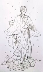 Rule 34 | 1boy, closed eyes, facing viewer, falling petals, fate/grand order, fate (series), full body, gloves, greyscale, hair between eyes, hair pulled back, hakama, haori, holding, holding sword, holding weapon, japanese clothes, katana, kimono, light smile, male focus, monochrome, nervlish, oni, parted lips, petals, sandals, sash, sheath, sheathed, short hair, simple background, solo focus, stepped on, sword, tabi, tassel, traditional media, weapon, yamanami keisuke (fate), zouri