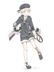 Rule 34 | 10s, 1girl, aqua eyes, blonde hair, blue eyes, clothes writing, hat, kantai collection, kawashina (momen silicon), looking at viewer, open mouth, personification, sailor collar, sailor hat, short hair, shorts, smile, solo, white background, white hair, z1 leberecht maass (kancolle)