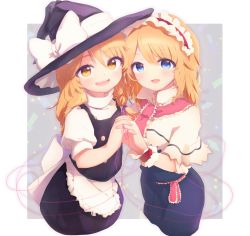 Rule 34 | 2girls, :d, alice margatroid, apron, bad id, bad pixiv id, black hat, black skirt, blonde hair, blue eyes, bow, capelet, commentary request, cowboy shot, hat, hat bow, headband, holding hands, kirisame marisa, long hair, looking at viewer, multiple girls, nva222, open mouth, puffy short sleeves, puffy sleeves, short sleeves, skirt, skirt set, smile, string, string of fate, touhou, waist apron, white apron, white bow, witch hat, yellow eyes