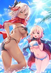 Rule 34 | 2girls, :d, adjusting clothes, adjusting swimsuit, ahoge, ass, banned artist, bikini, bikini day, blonde hair, blue bikini, blue sky, blush, bow, breasts, brown eyes, cleavage, commentary request, dark-skinned female, dark skin, day, double w, fate/grand order, fate (series), from side, front-tie bikini top, front-tie top, gloves, hair between eyes, hair bow, half updo, highres, horizon, jacket, jacket on shoulders, konomi (kino konomi), large breasts, leaning forward, leg up, looking at viewer, multi-strapped bikini, multiple girls, navel, okita souji (fate), okita souji alter (fate), open mouth, outdoors, red scarf, scarf, side-tie bikini bottom, sky, smile, sunlight, swimsuit, tassel, underboob, v-shaped eyebrows, w, water drop, white hair