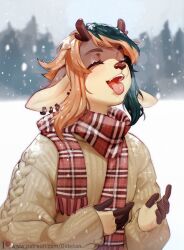 Rule 34 | 1other, ambiguous gender, animal ears, antlers, commission, deer antlers, deer ears, dide6an, earrings, furry, green hair, highres, horns, jewelry, long sleeves, open mouth, orange hair, original, other focus, plaid, plaid scarf, red scarf, reindeer antlers, reindeer girl, scarf, snowing, solo, sweater, white sweater