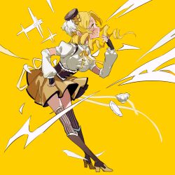 Rule 34 | 1girl, absurdres, artist request, blonde hair, detached sleeves, fingerless gloves, gloves, hat, highres, looking to the side, magical girl, mahou shoujo madoka magica, medium hair, skirt, smile, solo, tomoe mami, tomoe mami (magical girl), yellow eyes, yellow skirt