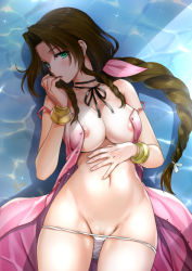 Rule 34 | 1girl, aerith gainsborough, blush, bow, bracelet, braid, breasts, brown hair, cleavage, dress, eyelashes, final fantasy, final fantasy vii, finger to mouth, green eyes, hair bow, highres, jewelry, long hair, looking at viewer, lying, mitarashi kousei, navel, nipples, on back, open clothes, open dress, panties, panty pull, parted bangs, parted lips, partially undressed, pink bow, pink dress, pink ribbon, ponytail, pussy, pussy peek, ribbon, shiny skin, signature, single braid, solo, square enix, stomach, thighs, underwear, very long hair, water, white panties