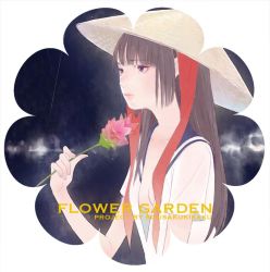 Rule 34 | 1girl, arm at side, arm up, black background, blue sailor collar, breasts, brown hair, closed mouth, commentary request, floral background, flower, hat, long hair, neckerchief, neckerchief on head, no bra, open clothes, open shirt, original, pink flower, purple eyes, rice hat, sailor collar, small breasts, solo, straight hair, straw hat, two-tone background, undone neckerchief, upper body, white background, yutaka7