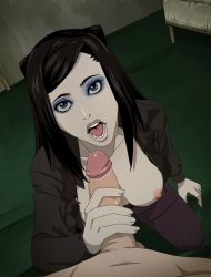 Rule 34 | 1boy, 1girl, artist request, black hair, blue eyes, breasts, breasts out, circumcision scar, ergo proxy, handjob, nipples, pale skin, penis, re-l mayer, uncensored, vincent law