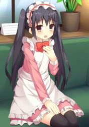 Rule 34 | 1girl, :d, apron, bad id, bad pixiv id, black hair, black thighhighs, blush, bow, bowtie, brown hair, calendar (object), collared shirt, couch, fingernails, flower, frilled apron, frilled skirt, frills, hair between eyes, hair flower, hair ornament, hand on leg, hand on own chest, hand on own thigh, indoors, long hair, long sleeves, looking at viewer, maid, maid headdress, open mouth, original, pink shirt, pink skirt, plant, potted plant, red bow, red bowtie, shirt, sidelocks, sitting, skirt, smile, solo, tareme, thighhighs, twintails, usagino suzu, white apron, window