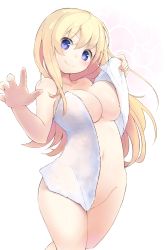 Rule 34 | 1girl, blonde hair, blue eyes, blush, breasts, covering privates, heart, heart-shaped pupils, highres, large breasts, long hair, naked towel, navel, nude cover, open towel, original, simple background, smile, solo, symbol-shaped pupils, towel, white background, zi (mumei)