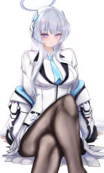Rule 34 | 1girl, blue archive, blue necktie, feet out of frame, highres, jacket, legs, long hair, necktie, noa (blue archive), pantyhose, purple eyes, ruko (user zdfp4487), shirt, simple background, skirt, white background, white hair, white jacket, white shirt, white skirt