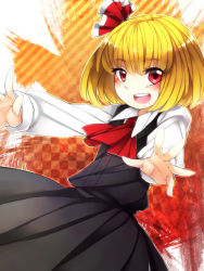 Rule 34 | 1girl, ascot, bad id, bad pixiv id, blonde hair, checkered background, dress, dutch angle, female focus, hair ribbon, long sleeves, open mouth, outstretched arms, red eyes, ribbon, rumia, sayuma, solo, touhou