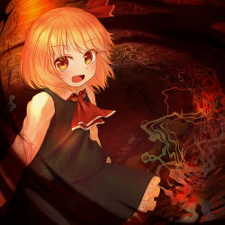 Rule 34 | 1girl, abstract background, absurdres, ascot, black skirt, black vest, blonde hair, commentary request, darkness, ekaapetto, fang, hair ribbon, highres, long sleeves, looking at viewer, open mouth, partial commentary, petticoat, red ascot, ribbon, rumia, shirt, short hair, sitting, skirt, smoke, solo, touhou, vest, white shirt, yellow eyes