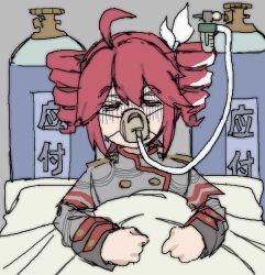 Rule 34 | 1girl, ahoge, bed, bow, buttons, canister, covered mouth, double-breasted, drill hair, empty eyes, gloom (expression), grey background, grey jacket, hair bow, hospital bed, jacket, jaggy lines, kasane teto, kasane teto (sv), long sleeves, looking at viewer, musical staff print, oxygen mask, pantsu-ripper, print jacket, red eyes, red hair, shoulder boards, simple background, sleeve cuffs, solo, synthesizer v, translation request, twin drills, under covers, upper body, utau, white bow