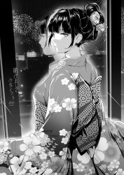 Rule 34 | 1girl, 2021, black hair, building, closed mouth, fireworks, floral print, greyscale, highres, japanese clothes, kimono, looking at viewer, looking back, lynus, monochrome, naoko-san, new year, night, night sky, original, reflection, sky, window