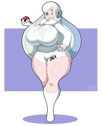 Rule 34 | 1girl, absurdres, blue eyes, blue hair, boots, breasts, closed mouth, creatures (company), curvy, full body, fur collar, game freak, grey hair, hand on own hip, highres, holding, holding poke ball, huge breasts, jacket, jewelry, long hair, long sleeves, looking at viewer, mature female, mehdrawings, melony (pokemon), multicolored hair, nail polish, nintendo, one eye closed, poke ball, poke ball (basic), pokemon, pokemon swsh, ring, shorts, simple background, smile, solo, standing, thick thighs, thighs, turtleneck, two-tone hair, white background, white footwear, wide hips