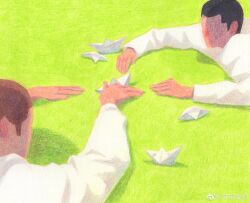 Rule 34 | 2boys, absurdres, bara, buzz cut, dagou (yuzhou fei gou), faceless, faceless male, grass, highres, long sideburns, long sleeves, lying, male focus, multiple boys, on stomach, origami, original, outstretched arms, painterly, paper boat, short hair, sideburns, very short hair