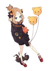 Rule 34 | 1girl, abigail williams (fate), abigail williams (traveling outfit) (fate), absurdres, alternate hairstyle, balloon, bandaid, bandaid on face, bandaid on forehead, belt, black bow, black jacket, blonde hair, blue eyes, blush, bow, fate/grand order, fate (series), forehead, hair bow, hair bun, high collar, highres, holding, holding stuffed toy, jacket, legs, loafers, long hair, looking at viewer, looking up, official alternate costume, open mouth, orange bow, osanai, parted bangs, polka dot, polka dot bow, shoes, simple background, single hair bun, sleeves past fingers, sleeves past wrists, solo, stuffed animal, stuffed toy, suction cups, teddy bear, tentacles, thighs, white background