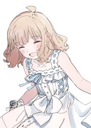 Rule 34 | 1girl, absurdres, ahoge, blush, brown hair, child, closed eyes, collarbone, commentary, cross-laced clothes, cross-laced dress, dress, flat chest, frilled dress, frills, highres, idolmaster, idolmaster million live!, idolmaster million live! theater days, medium hair, meeeeeeco359, official alternate costume, open mouth, sidelocks, sleeveless, sleeveless dress, smile, solo, suou momoko, wavy hair, white background, white dress, wrist cuffs