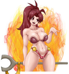 Rule 34 | 1girl, armor, bikini, bikini armor, breasts, cleavage, fire, golden sun, happy, jenna (golden sun), large breasts, long hair, nintendo, ponytail, red eyes, red hair, revealing clothes, smile, solo, staff, swimsuit, tagme, thigh gap, thong, vlaimk