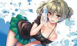 Rule 34 | 10s, 1girl, blue eyes, blush, bottle, brand name imitation, breasts, brown hair, cleavage, collarbone, commentary request, dress, green eyes, heterochromia, holding, holding bottle, idolmaster, idolmaster cinderella girls, lipstick, looking at viewer, makeup, medium breasts, mole, mole under eye, off shoulder, open mouth, piromizu, shirt, short dress, short sleeves, simple background, smile, solo, sweat, sweatdrop, takagaki kaede, water bottle