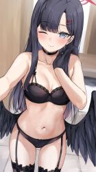 Rule 34 | 1girl, black bra, black choker, black feathers, black gloves, black hair, black panties, black thighhighs, black wings, blue archive, bra, breasts, choker, collarbone, commentary, english commentary, feathered wings, feathers, gloves, grey eyes, hair ornament, hairclip, halo, hand up, highres, ichika (blue archive), kaetzchen, long hair, looking at viewer, low wings, medium breasts, one eye closed, panties, selfie, solo, thighhighs, underwear, underwear only, very long hair, wings