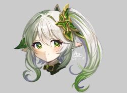 Rule 34 | + +, 1girl, closed mouth, commentary request, dated, emoriza, genshin impact, green eyes, green hair, grey background, hair ornament, leaf, looking at viewer, medium hair, multicolored hair, nahida (genshin impact), one side up, pointy ears, portrait, signature, simple background, solo, two-tone hair, white hair
