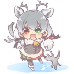 Rule 34 | 10s, 1girl, :d, animal ears, antlers, arms behind back, bell, blush, boots, chibi, coat, collar, deer ears, deer tail, dot nose, footwear ribbon, full body, fur-trimmed boots, fur collar, fur trim, gradient hair, green eyes, green ribbon, grey coat, grey hair, hair ornament, hair ribbon, heterochromia, horns, kemono friends, long hair, long sleeves, looking at viewer, low twintails, lowres, maora oto, multicolored hair, neck bell, open mouth, pocket, red eyes, red ribbon, reindeer (kemono friends), reindeer antlers, ribbon, simple background, smile, solo, standing, tail, twintails, two-tone hair, white background, white footwear, white hair