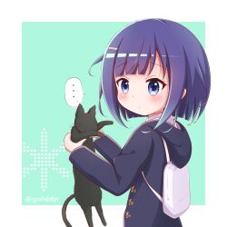Rule 34 | ..., 1girl, animal, backpack, bag, black cat, black jacket, blue eyes, blue hair, blush, cat, commentary request, faceless, fuiba fuyu, gochuumon wa usagi desu ka?, goth risuto, green background, hair ornament, hairclip, holding, holding animal, hood, hood down, hooded jacket, jacket, long sleeves, looking at viewer, looking to the side, solo, spoken ellipsis, twitter username, two-tone background, white background
