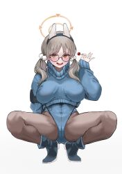 Rule 34 | 1girl, absurdres, adapted costume, animal ears, blue archive, blue leotard, blue sweater, blush, boots, breasts, brown hair, brown pantyhose, candy, covered navel, cropped sweater, fake animal ears, food, glasses, gradient background, halo, highres, holding, holding candy, holding food, holding lollipop, large breasts, leotard, lollipop, looking at viewer, moe (blue archive), open mouth, orange eyes, pantyhose, rabbit ears, round eyewear, saliva, simple background, smile, solo, spread legs, squatting, sweater, turtleneck, turtleneck sweater, twintails, ushimochi, white background