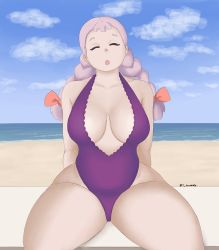 Rule 34 | 10s, 1girl, artist name, beach, bow, braid, breasts, cleavage, cloud, closed eyes, hair bow, jasminka antonenko, large breasts, little witch academia, ocean, one-piece swimsuit, open mouth, outdoors, plump, red bow, sand, sitting, sky, solo, swimsuit, thotticus-slayer, twin braids, water