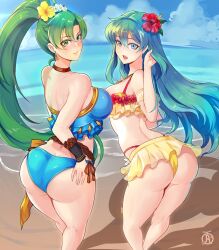 Rule 34 | 2girls, ass, bare shoulders, barefoot, beach, bikini, blue eyes, blush, breasts, butt crack, curvy, eirika (fire emblem), fire emblem, fire emblem: the blazing blade, fire emblem: the sacred stones, from behind, green eyes, green hair, highres, huge ass, large breasts, long hair, looking at viewer, looking back, lyn (fire emblem), multiple girls, nintendo, open mouth, revolverwing, sand, sideboob, skirt, smile, swimsuit, very long hair