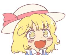 Rule 34 | 1girl, blonde hair, blush, collared dress, commentary request, dress, frills, gyate gyate, hat, hat ribbon, ikiyouz, kana anaberal, lowres, open mouth, red ribbon, ribbon, short hair, sun hat, touhou, touhou (pc-98), transparent background, v-shaped eyebrows, yellow eyes