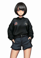 Rule 34 | 1girl, :|, american flag, belt, black hair, black shirt, black shorts, blue eyes, closed mouth, clothes writing, contrapposto, cutoffs, hands in pockets, highres, jungon kim, long sleeves, loose clothes, loose shirt, original, patch, shirt, short hair, shorts, simple background, solo, standing, white background